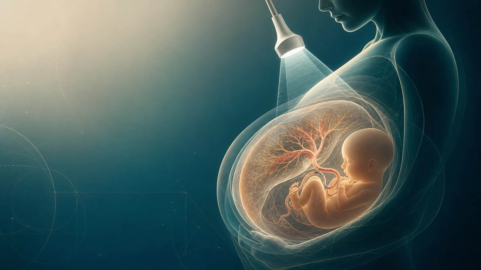 Conceptual maternal silhouette with fetus, placental circulation, and ultrasound guidance representing fetal therapy assessment
